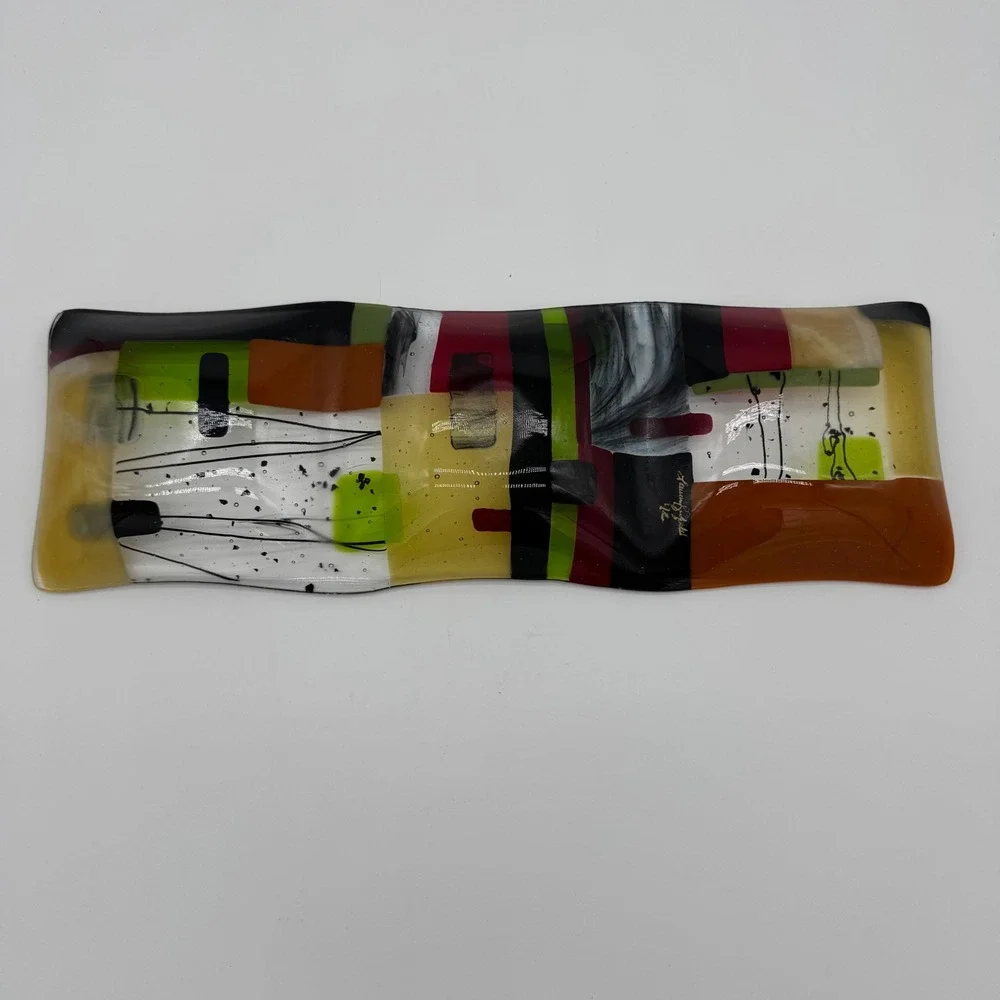 Lauren Goldfield '92 Fused Art Glass Tray Plate Colorful Abstract Design Devided